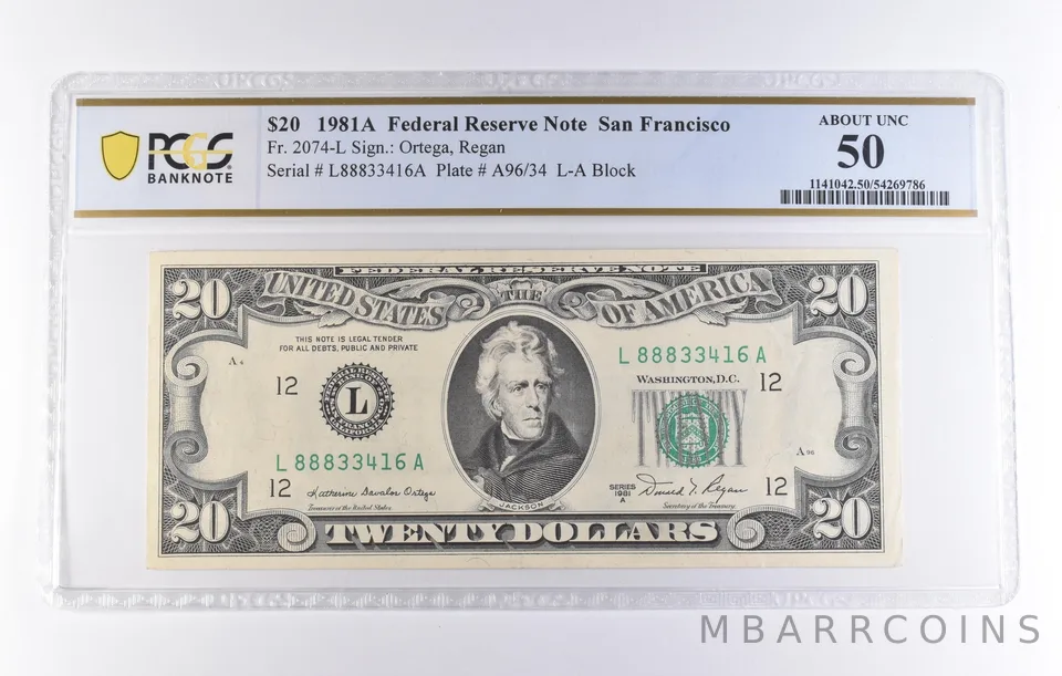 1981 A $20 San Francisco CA FRN Fr#2074-L About Unc 50 PCGS *8284