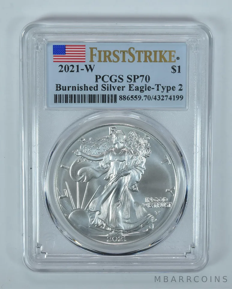 2021-W Burnished Silver Eagle Type 2 First Strike SP70 PCGS Flag Label
