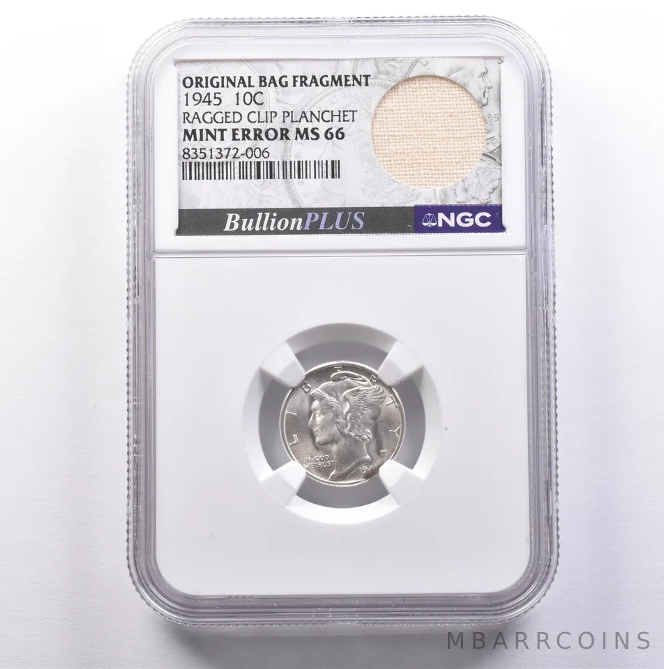 1945 Mercury Dime Mint Error Ragged Clip Planchet Original Bag MS66 NGC *9140
