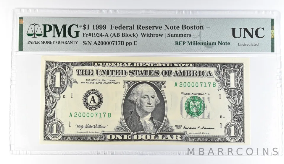 1999 $1 Boston MA FRN Fr#1924-A BEP Millennium Note PMG Fancy Serial a8092
