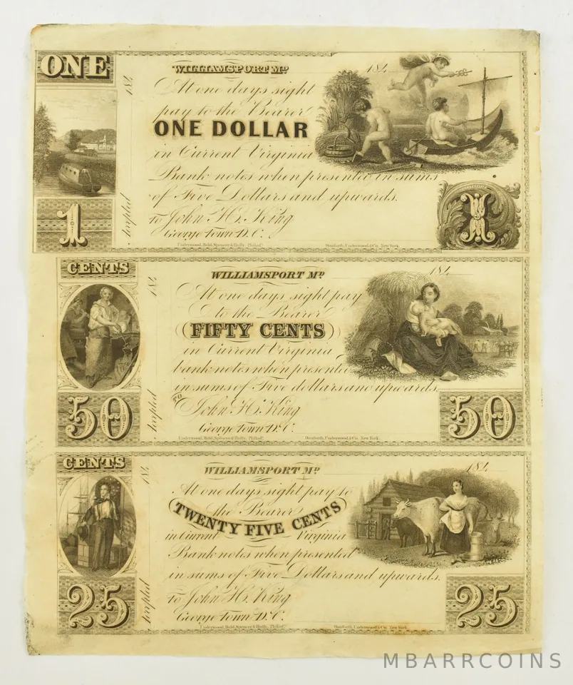 Williamsport, MD/Georgetown, DC John H. King $1-50¢-25¢ 184_ Uncut Sheet a4126