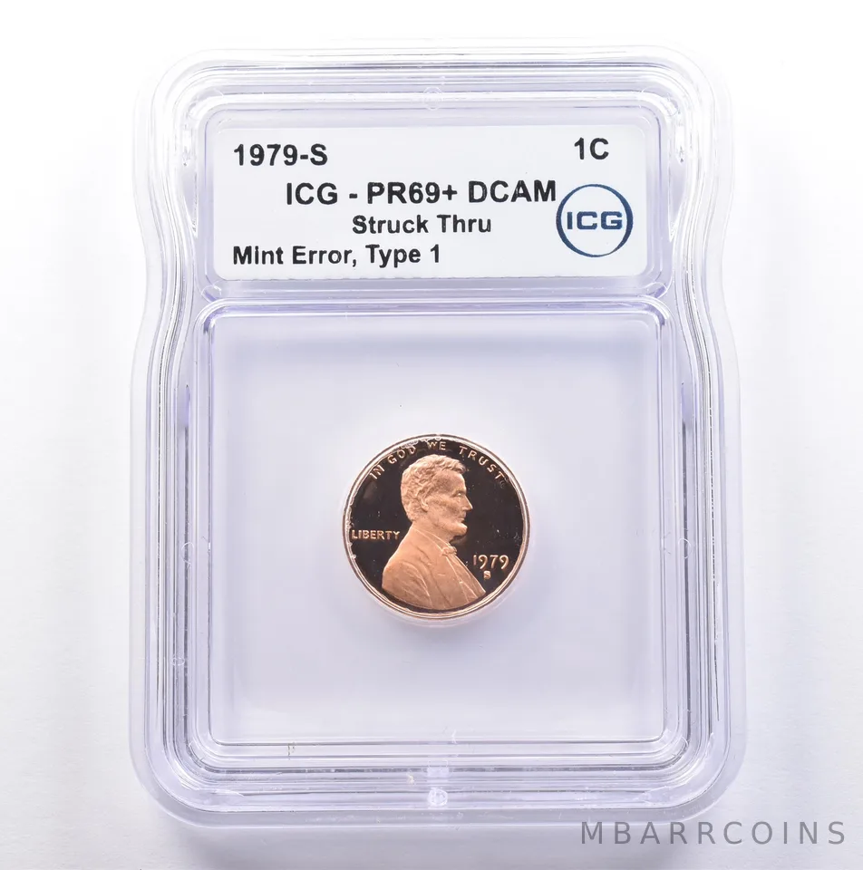 1979-S Lincoln Memorial Cent Type 1 Mint Error Struck Thru PR69+ DCAM ICG *9029