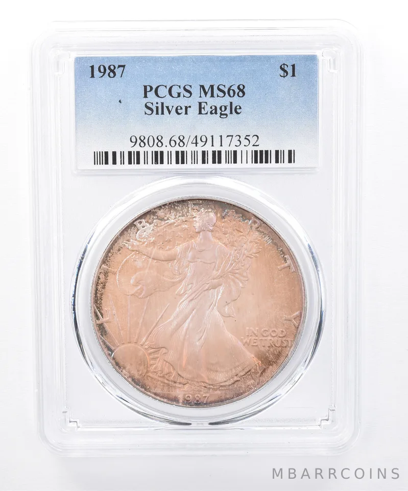 1987 American Silver Eagle MS68 PCGS Rainbow Tone *8410