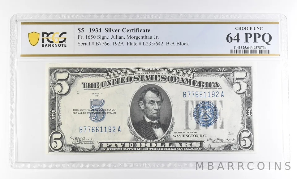 1934 $5 Silver Certificate Fr#1650 Choice Unc 64 PPQ PCGS a2821