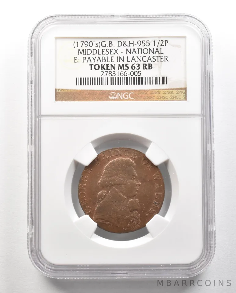 (1790s) G. Britain D&H-955 1/2 Penny Middlesex-National Token MS63 RB NGC *4734