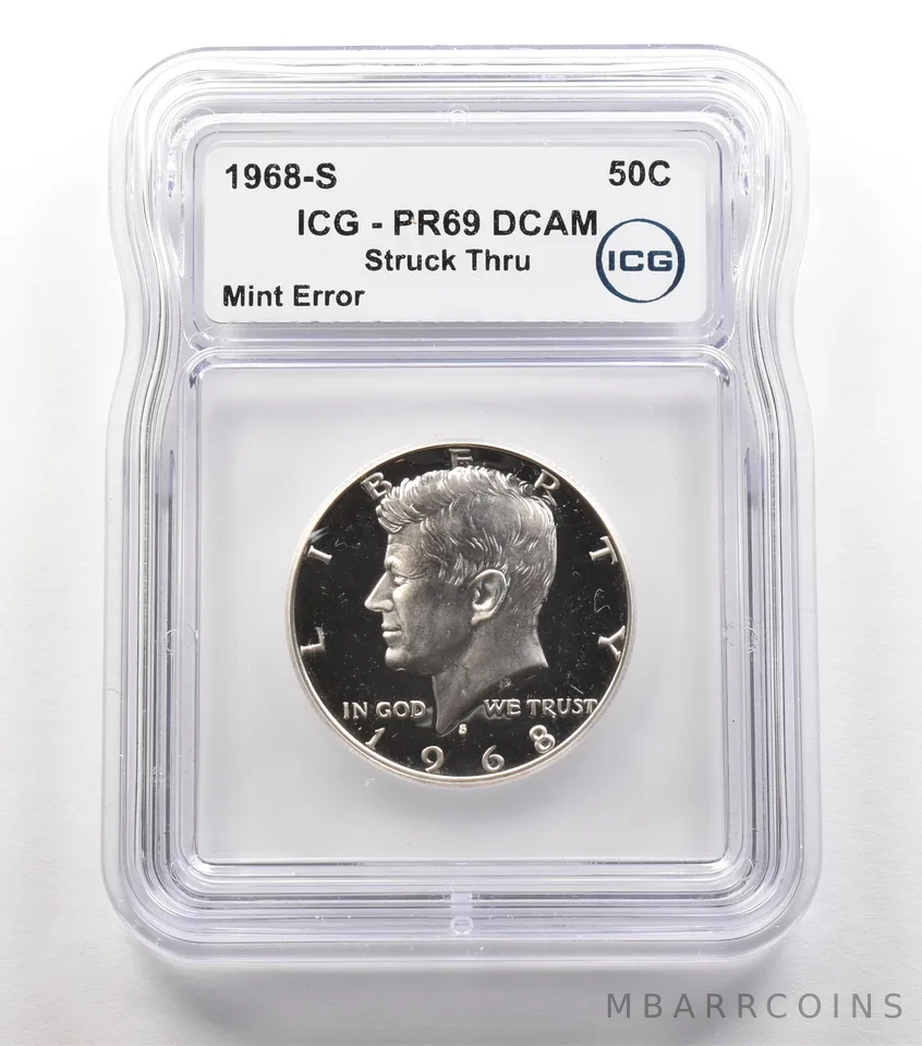 1968-S Kennedy Half Dollar Mint Error Struck Thru PR69 DCAM ICG *5623