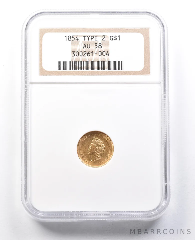 1854 $1 Indian Princess Head Gold $1 Type 2 AU58 NGC a1758