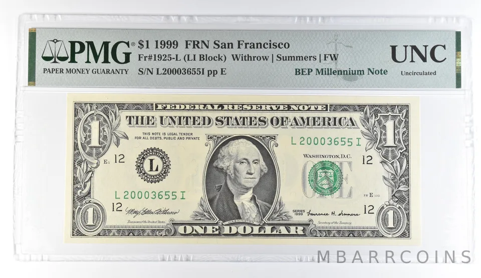 1999 $1 San Francisco FRN Fr#1925-L BEP Millennium Note PMG Fancy Serial *8102
