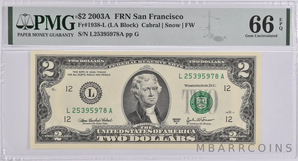 $2 2003-A San Francisco CA Federal Reserve Note PMG Gem Unc 66 EPQ Fr#1938-L