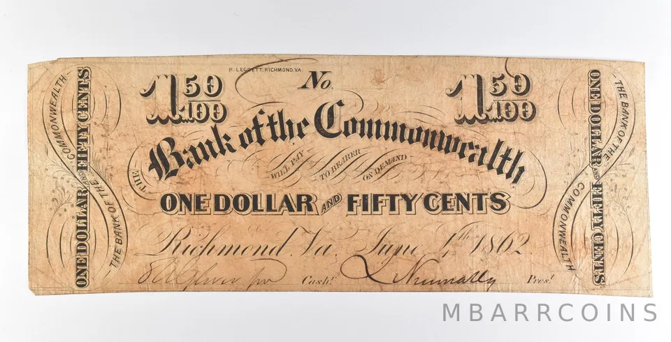 1862 $1.50 Richmond VA Bank Of The Commonwealth Obsolete Note *8923