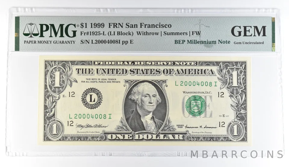1999 $1 San Francisco FRN Fr#1925-L BEP Millennium Note PMG Fancy Serial *8108