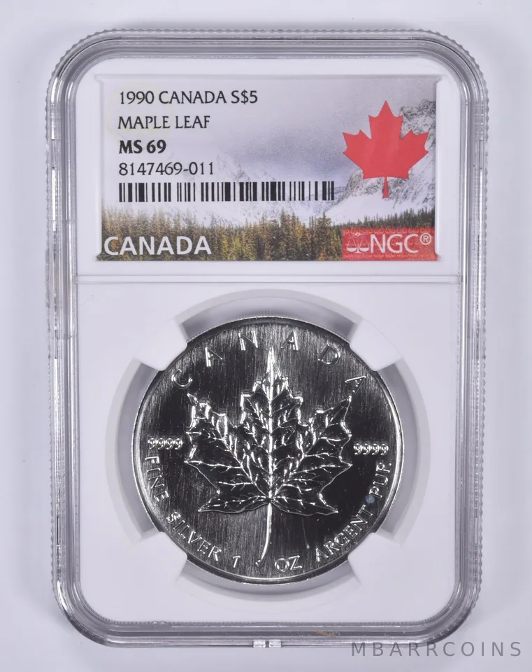 1990 Canada 5 Dollars Silver Maple Leaf MS69 NGC Canada Label