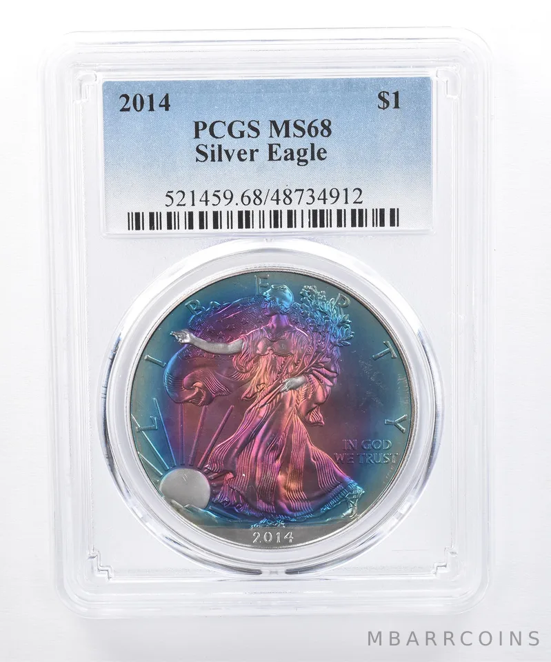 2014 American Silver Eagle MS68 PCGS Blue/Purple Tone *8442