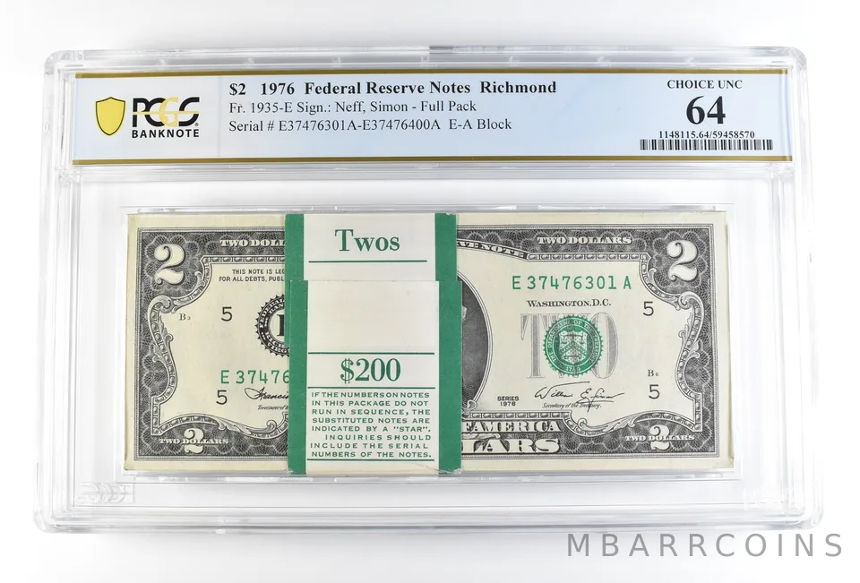 1976 $2 Richmond VA FRN Fr#1935-E Full Pack Choice Unc 64 PCGS *9118