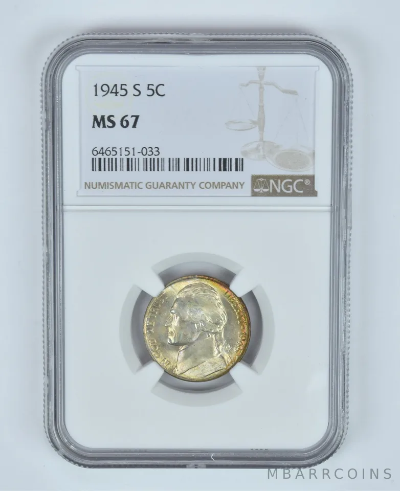 MS67 1945-S Jefferson Nickel NGC RAINBOW TONED a5719
