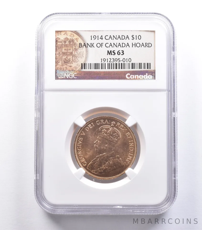 1914 Canada 10 Dollars Gold Bank Of Canada Hoard MS63 NGC *8814