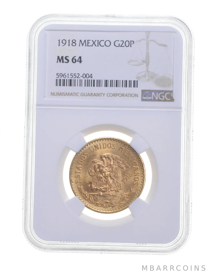 MS64 1918 Mexico 20 Pesos Gold - Graded NGC a6691