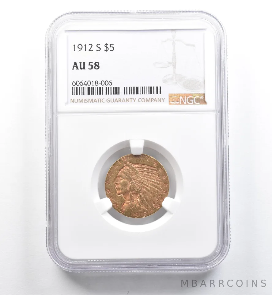 1912-S $5 Indian Head Gold Half Eagle AU58 NGC *6523