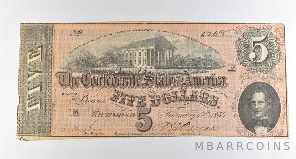1864 $5 Richmond VA Confederate States Of America Obsolete Note *3876