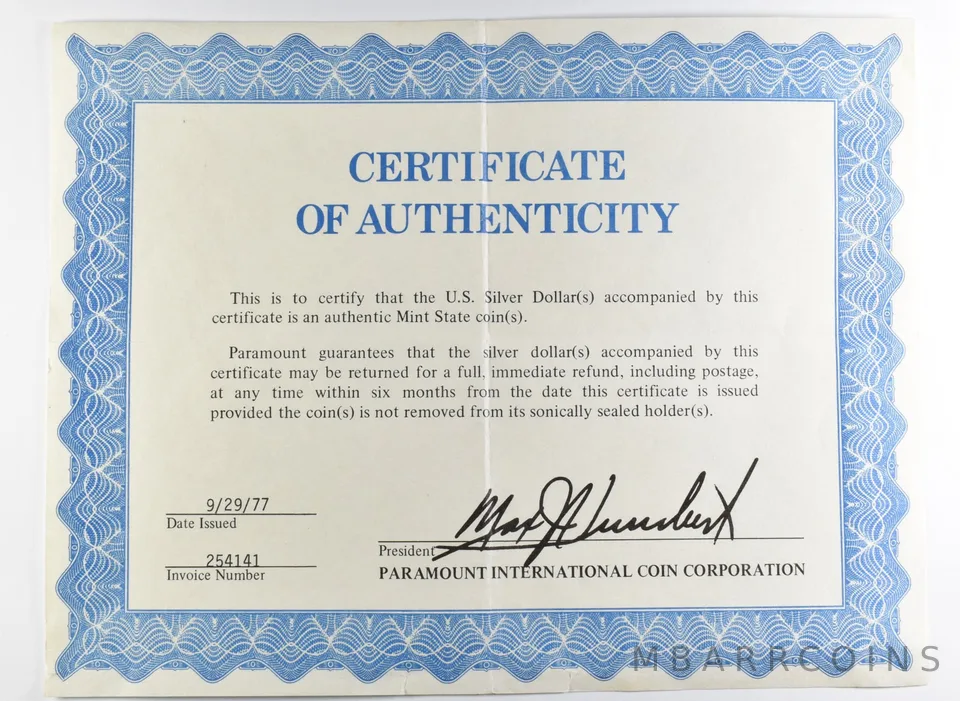 1977 US Silver Dollar Paramount CoA a9909