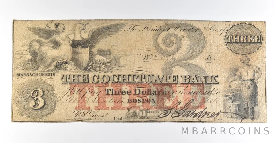 1850 $3 Boston MA Cochituate Bank Obsolete Note *8429