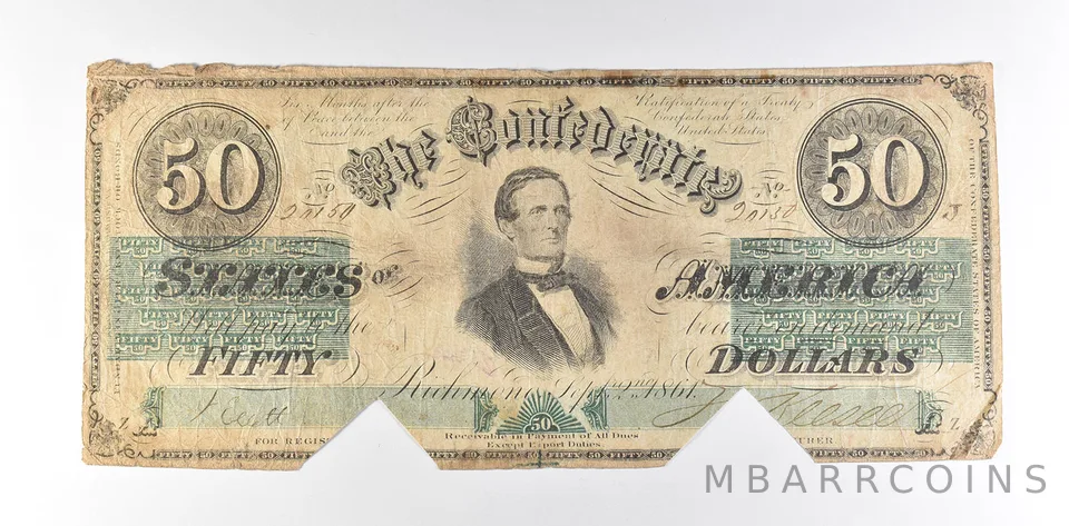 1864 $50 Confederate States Of America T-16 Large Note a8511
