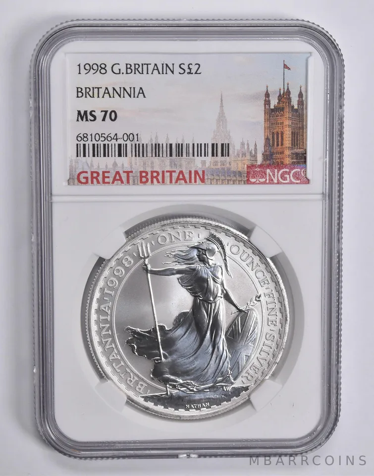 1998 Great Britain 2 Pounds 1 Oz Silver Britannia MS70 NGC Britain Label