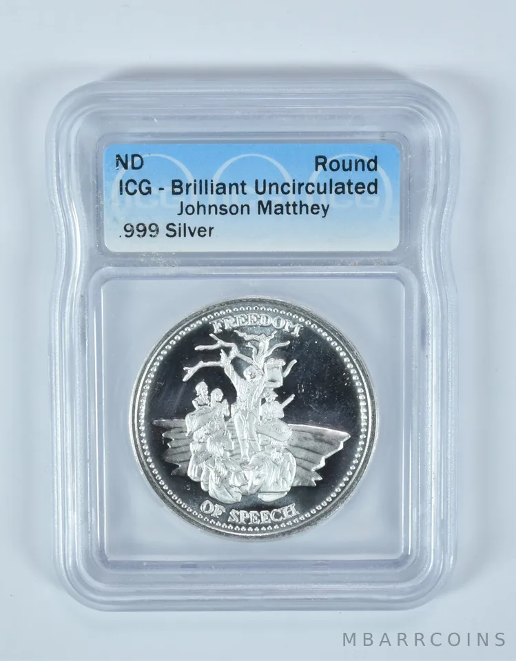(ND) Silver Art Round 1 Oz Freedom Of Speech Johnson Matthey BU ICG