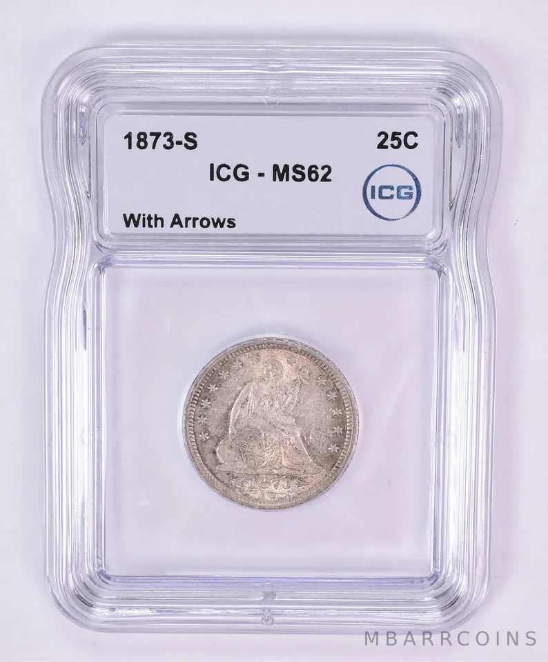 1873-S Seated Liberty Quarter With Arrows MS62 ICG Beautiful Tone *1196
