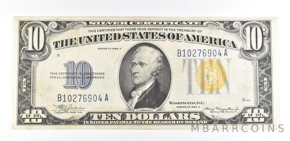 1934 A $10 Silver Certificate North Africa Yellow Seal Fr#2309 WWII *9337