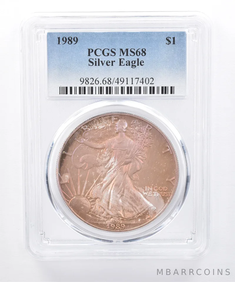 1989 American Silver Eagle MS68 PCGS Purple/Rose Tone *8392