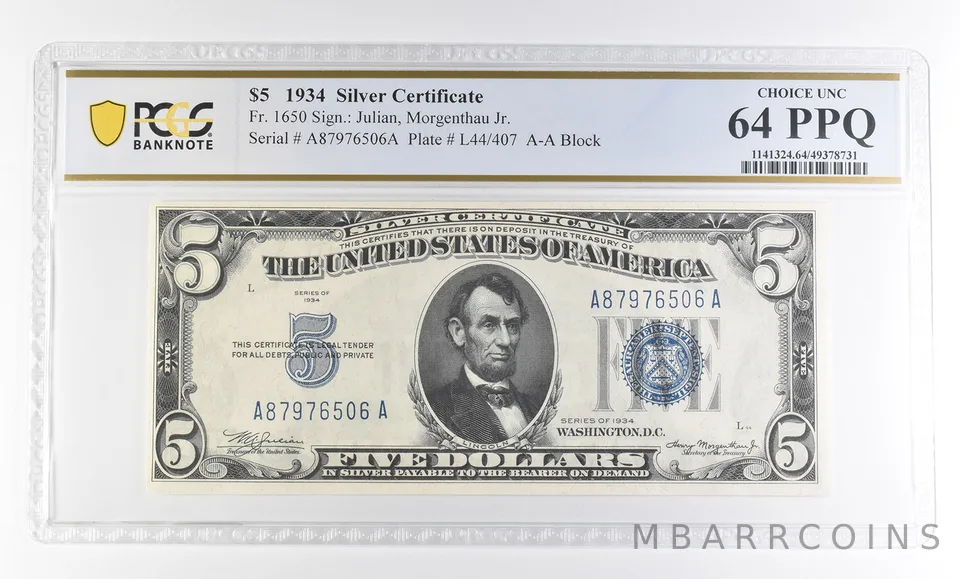 1934 $5 Silver Certificate Fr#1650 Choice Unc 64 PPQ PCGS a2818