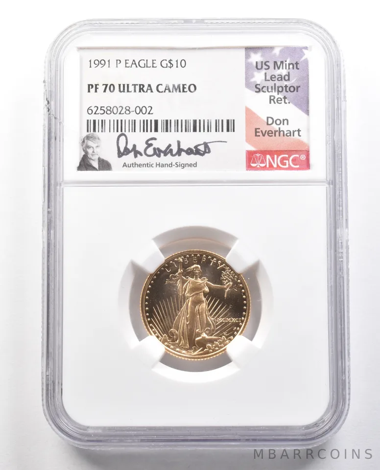 1991-P $10 American Gold Eagle Everhart 1/4 Oz Gold PF70 UCAM NGC a4358