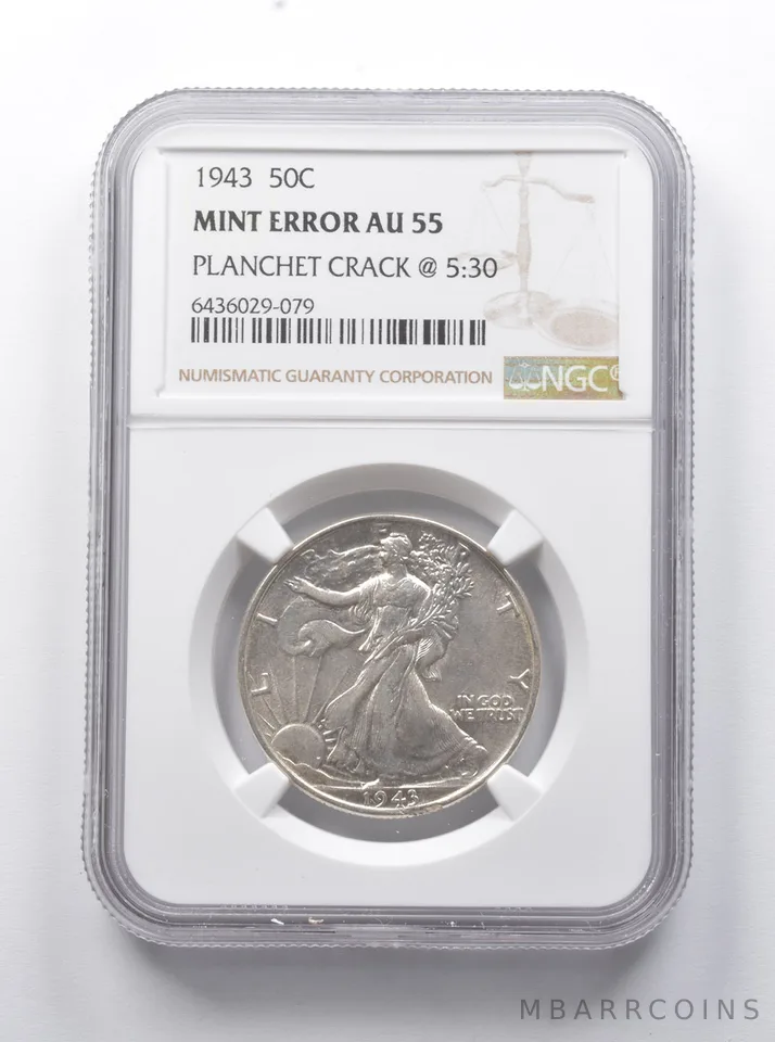 Error AU55 1943 Walking Liberty Half Dollar Planchet Crack @ 5:30 NGC *7903