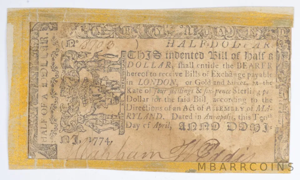 1774 Colonial Maryland - Annapolis Half Dollar Note a2389