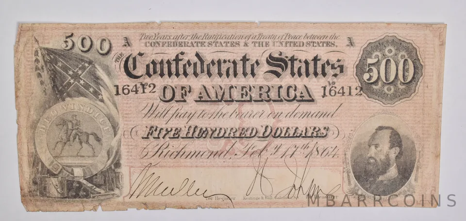 1864 $500 Confederate States Of America Large Note Horse Blanket *5449