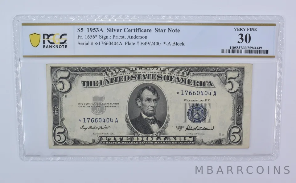 1953 A $5 Silver Certificate Star Note Fr#1656* Very Fine 30 PCGS *8121