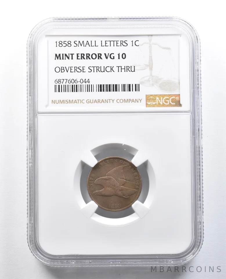 1858 Small Letters Flying Eagle Cent Mint Error Obv Struck Thru VG10 NGC *8221