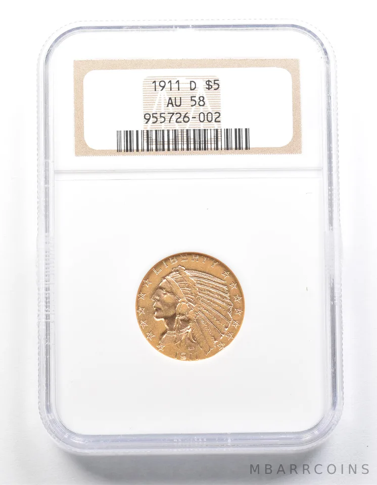 1911-D $5 Indian Head Gold Half Eagle AU58 NGC *1297