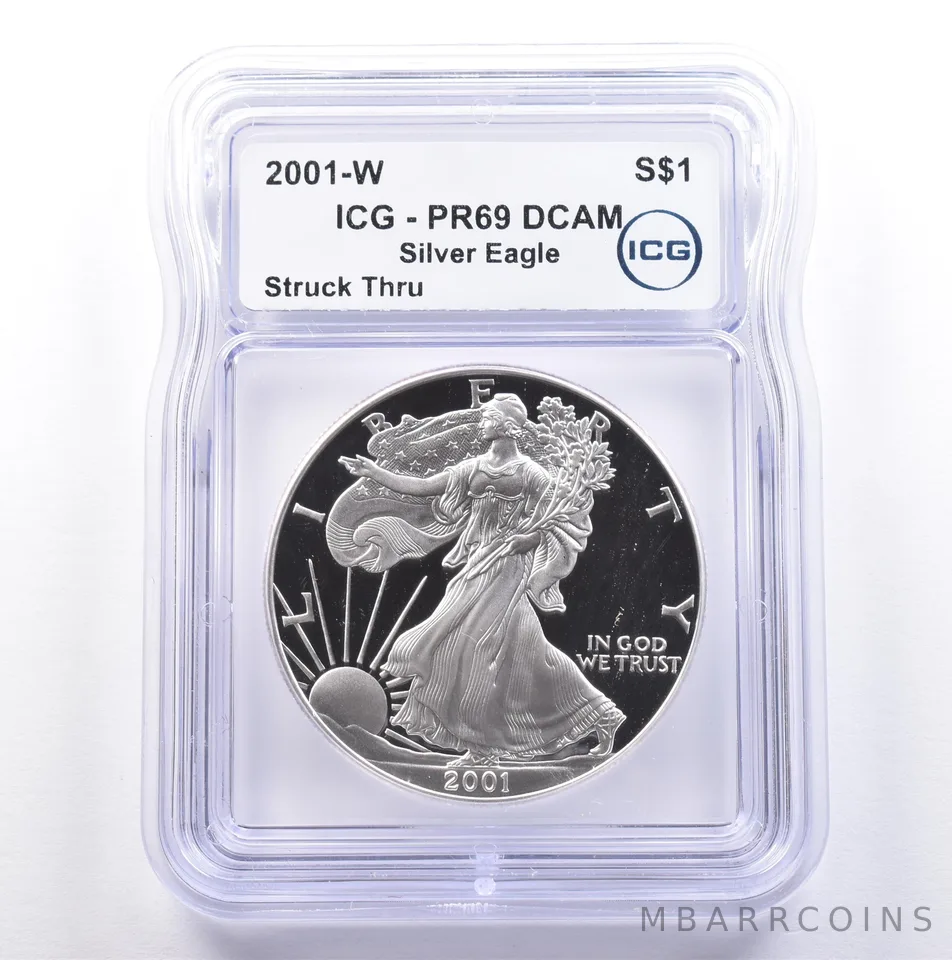 2001-W American Silver Eagle Mint Error Struck Thru PR69 DCAM ICG *9113