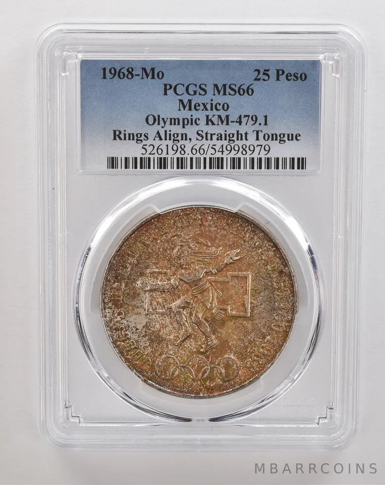 1968 Mo Mexico 25 Pesos Silver Olympic Rings Align MS66 PCGS Nice Tone *4340