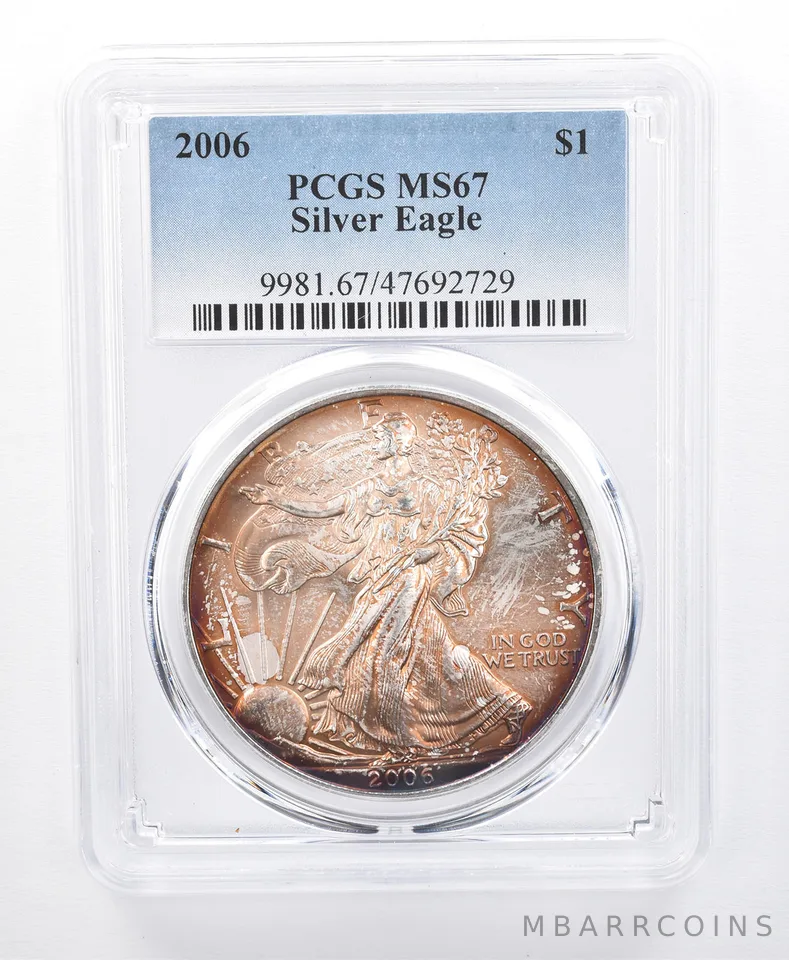 2006 American Silver Eagle MS67 PCGS Red/Orange Tone *8631