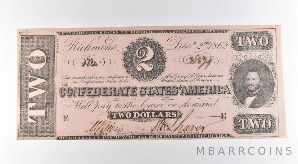 1862 $2 Confederate States Of America Large Note *3154