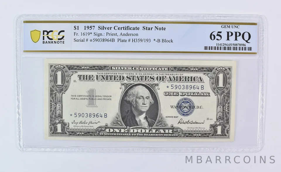 1957 $1 Silver Certificate Star Note Fr#1619* Gem Unc 65 PPQ PCGS