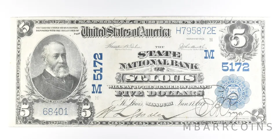 1902 $5 St Louis MI National Currency Note Large Note CH 5172 a0223