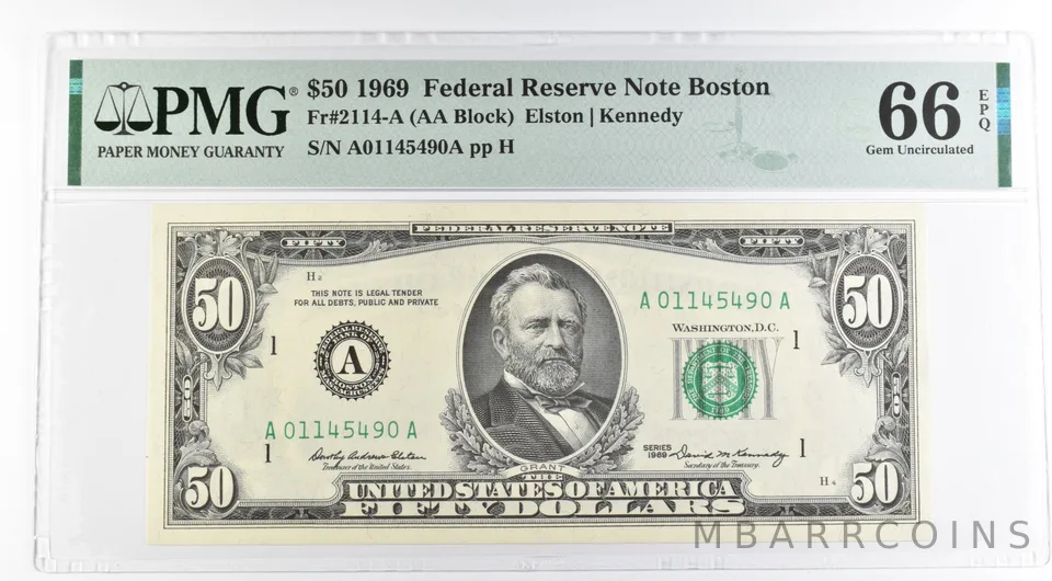 1969 $50 Boston MA US FRN Fr#2114-A 66 Gem Unc EPQ PMG *8498
