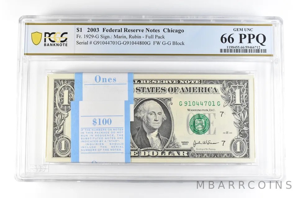 (100) 2003 $1 Chicago IL FRN Fr#1929-G Full Pack Gem Unc 66 PPQ PCGS *9860