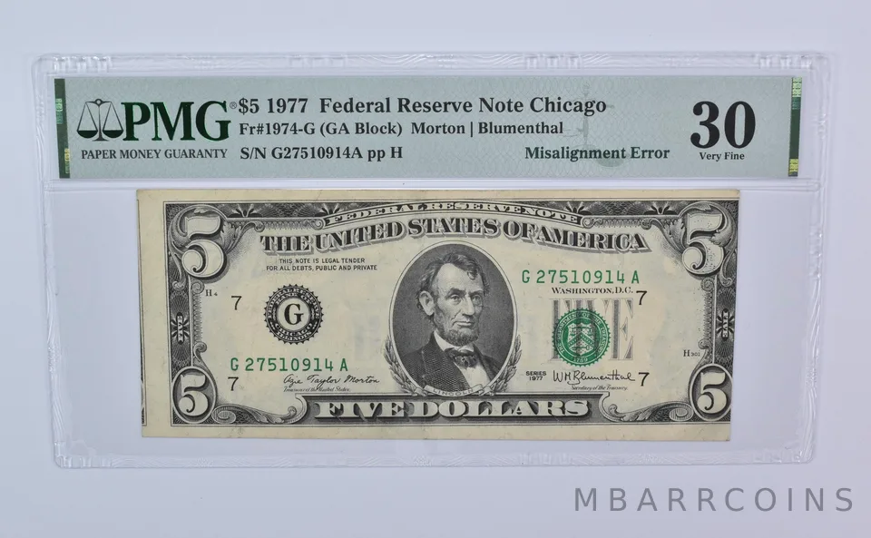 1977 $5 Chicago IL FRN Fr#1974-G Misalignment Error Very Fine 30 PMG *8126