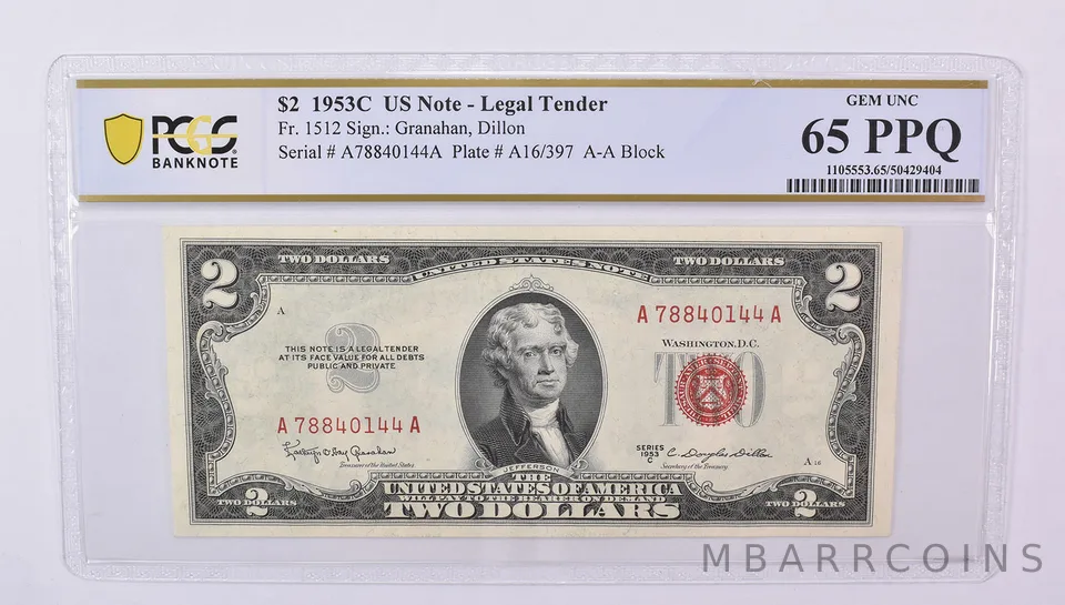 1953 C $2 US Legal Tender Fr#1512 Gem Unc 65 PPQ PCGS