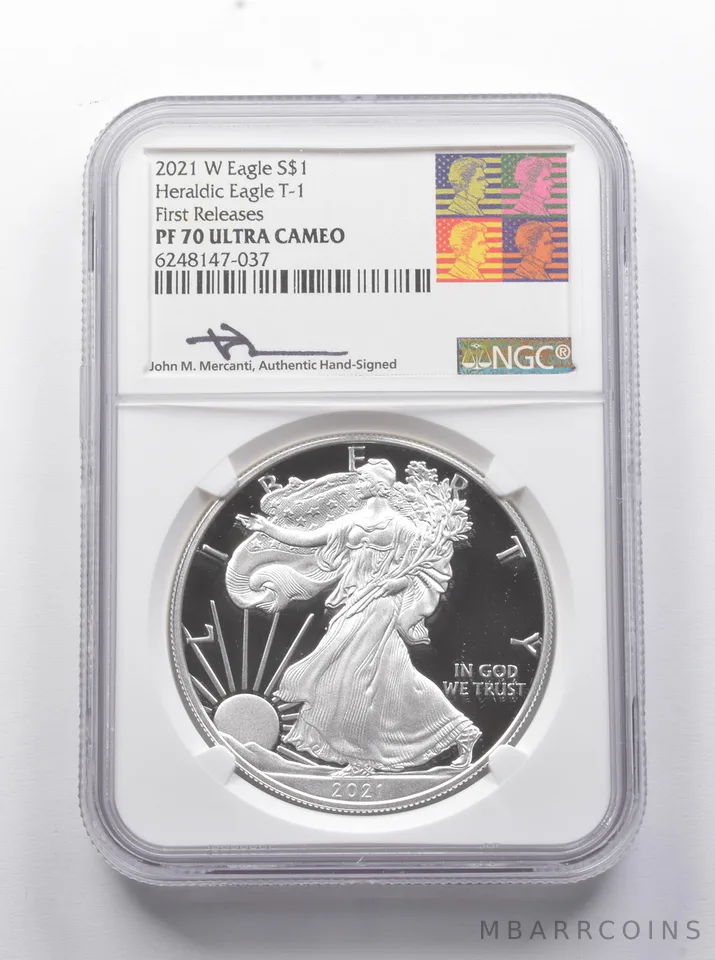 PF70 UCAM 2021-W American Silver Eagle FR T1 Signed Mercanti NGC a8890